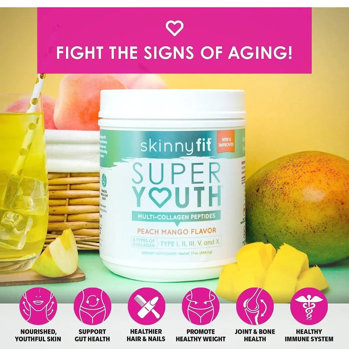 SkinnyFit Super Youth Multi-Collagen Peptides Peach Mango Flavor NEW Skinny Fit Skinnyfit